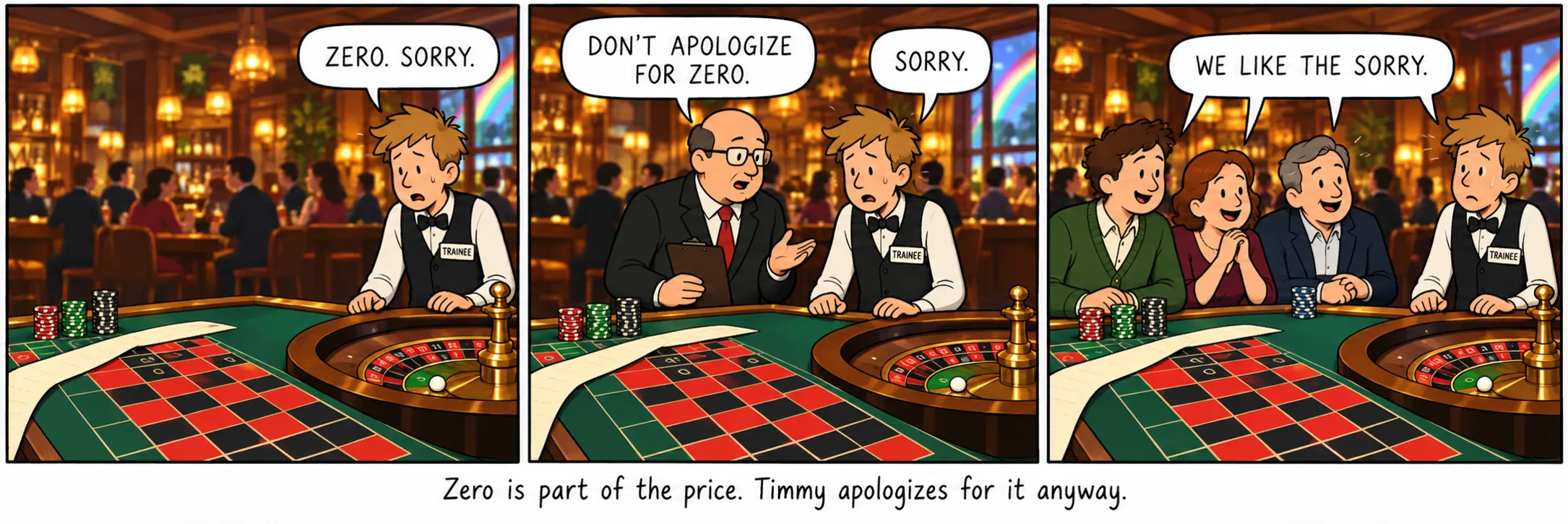 Sıfır, fiyatın bir parçası. Timmy yine de onun için özür diler.